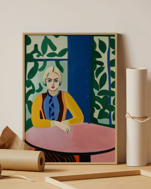 Une femme au regard franc assise à la table d'un café, dans une illustration aux couleurs douces et apaisantes, capturant une ambiance sereine et naturelle.
